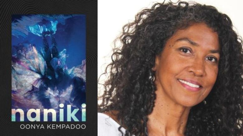 A book cover featuring the deep ocean next to a Black woman with long curly hair smiling at the camera.