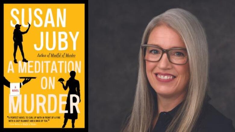 A yellow book cover featuring figures in black silhouette next to a woman with long grey hair and glasses smiling at the camera.