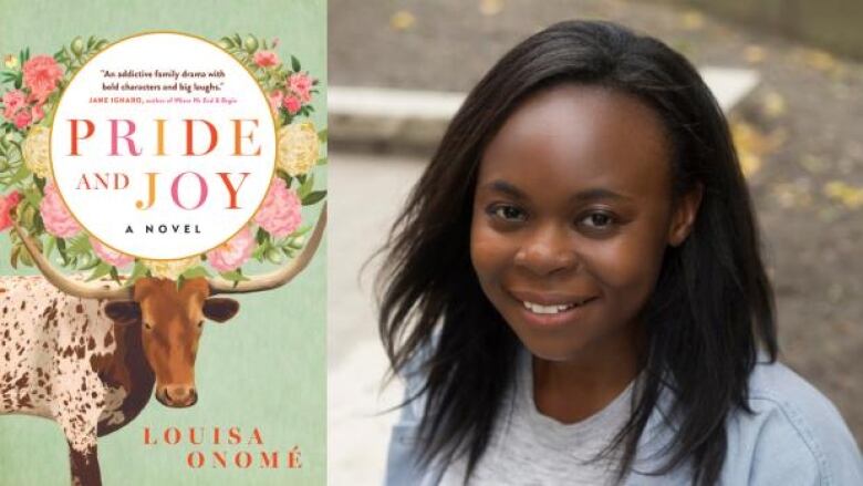 A book cover featuring flowers and a brown bull cow next to a Black woman with straight hair smiling at the camera.