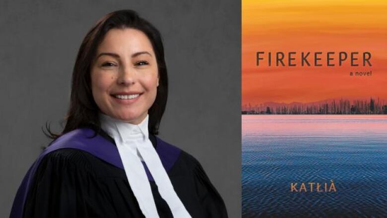 A graduation portrait of an Indigenous woman next to a book cover featuring burnt trees on a water horizon under orange sky. 