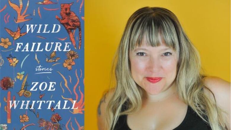 A blue nature themed book cover next to a blonde woman with bangs smiling at the camera. 