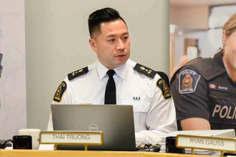 London, Ont. Police Chief Thai Truong during a London Police Services Board Meeting at police headquarters on March 21, 2024.