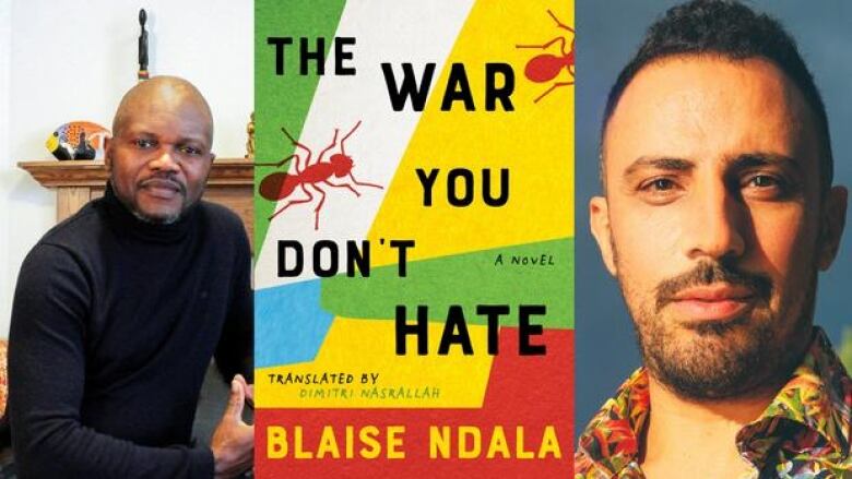 On the left, a Black bald man wearing a black turtle neck sitting in front of a mantle looking at the camera. In the centre, a multi-colour book cover. On the right, a Lebanese man with short dark hair and facial hair looking at the camera.