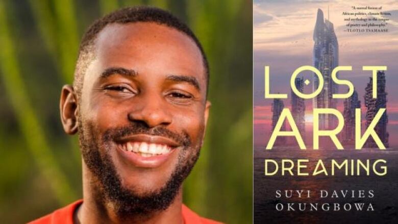 A Black man with short hair and a beard smiling at the camera next to a book cover featuring condo tower buildings submerged in the ocean.