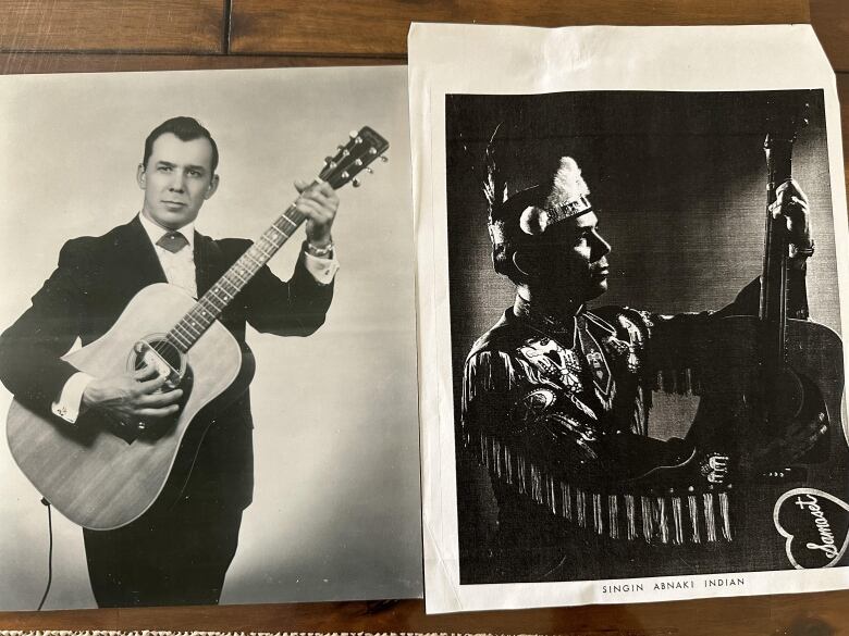 Two black-and-white photographs show a man playing a guitar (left) and a man wearing an eagle headdress holding a guitar (right).