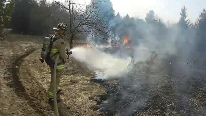 A firefighter sprays water from a hose onto a smoking brush fire around the end of winter.