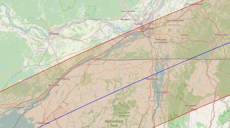 A map of the Great Lakes area with a red band over the Canada-U.S. border. A blue line cuts through the red band.