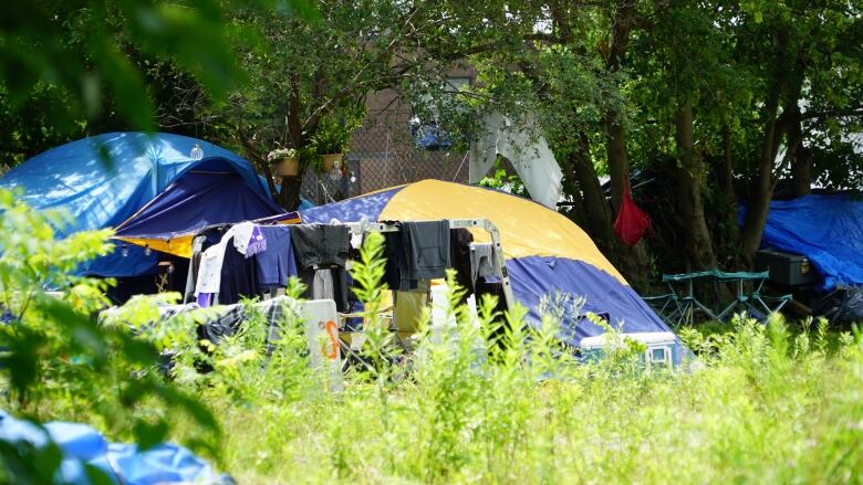 Tents and clothing seen on vacant lot with grass