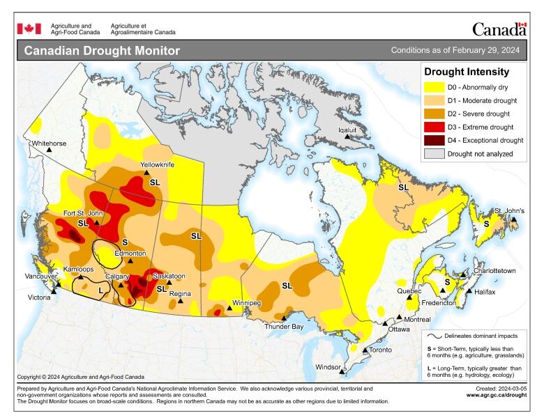 A map shows Manitoba in the colour stages indicating severe to moderate drought conditions 