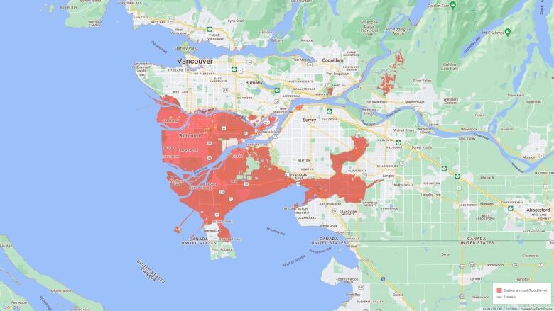 Map of the lower mainland showing flood risk zones in red