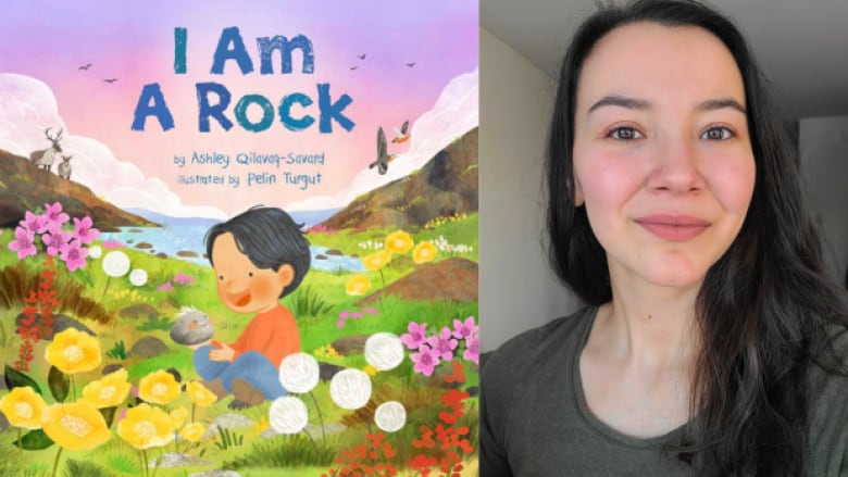 I Am A Rock by Ashley Qilavaq-Savard, illustrated by Pelin Turgut. Illustrated book cover shows a Inuit boy holding his pet rock and sitting in the grass with flowers, birds and a purple sky surrounding them. Headshot of the author.