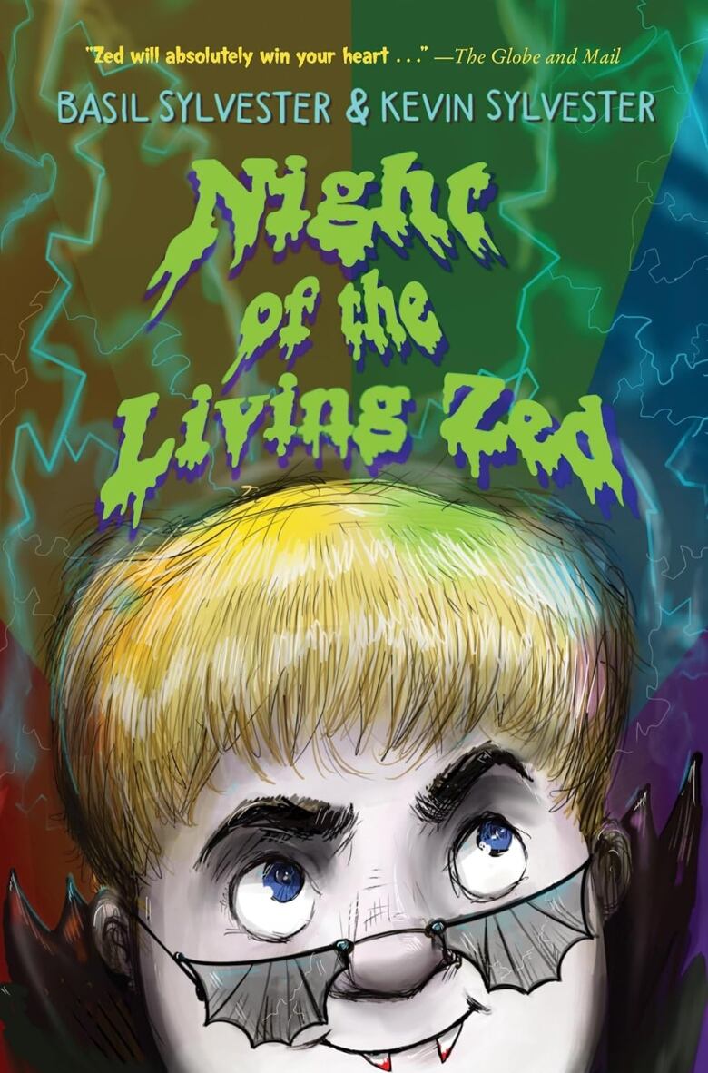 Night of the Living Zed by Basil Sylvester and Kevin Sylvester. Illustrated cover shows a nonbinary tween with blond hair and wearing batwing sunglasses and fangs. Composite of two author headshots.