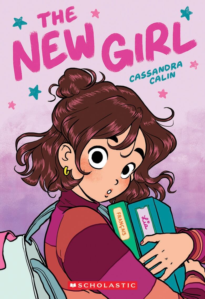 The New Girl by Cassandra Calin. Illustrated book cover shows a teenage white girl with short brown curly hair holding two binders and carrying a backpack.