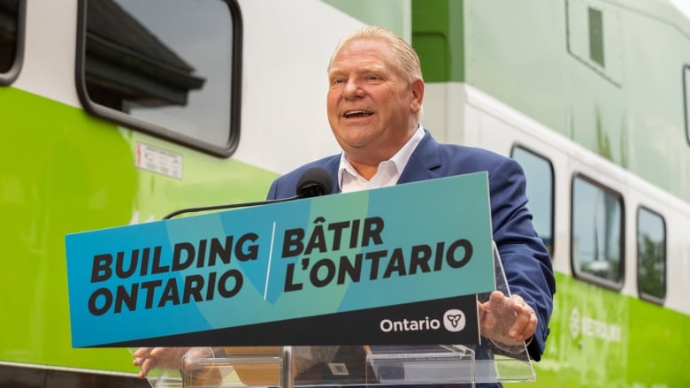 Ontario Premier Doug Ford makes a GO Transit announcement in Niagara Falls on Aug. 26, 2022.