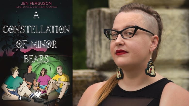 A book cover of four teenagers sitting by the glow of a lantern in front of a tent. A woman with half her head shaved, glasses and beaded earrings.