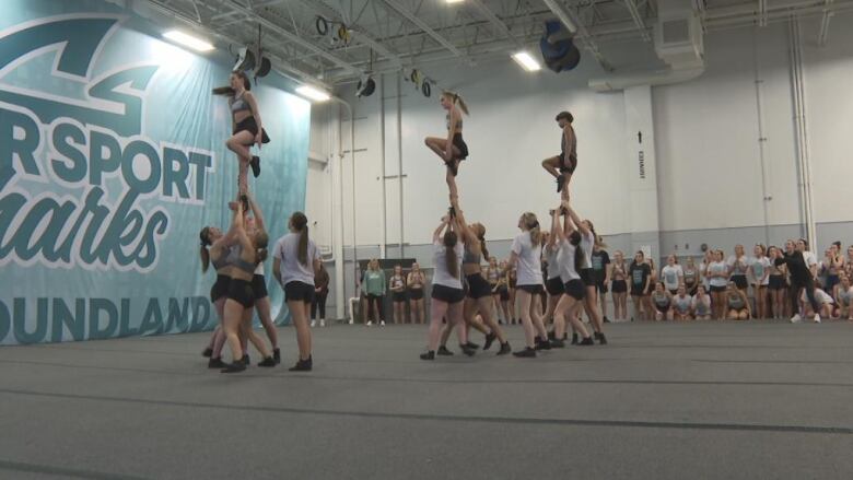 Group of cheerleaders stand in three circles holding up other athletes. 