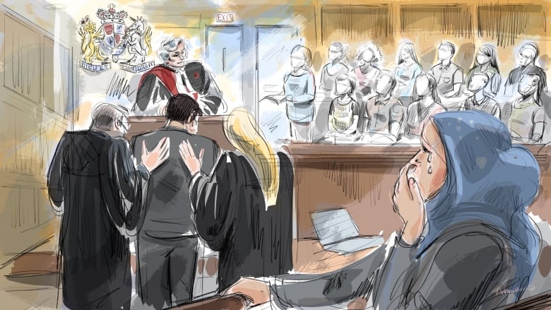 A sketch of a courthouse scene. The jury reads its verdict to the justice, a man between two lawyers, and the man's wife, who is pictured in the foreground, crying.