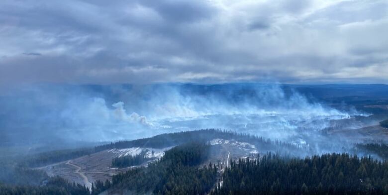 Large plumes of smoke dot a landscape.