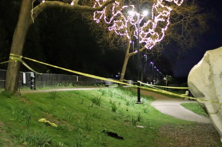 Lit-up trees are seen next to yellow crime tape.