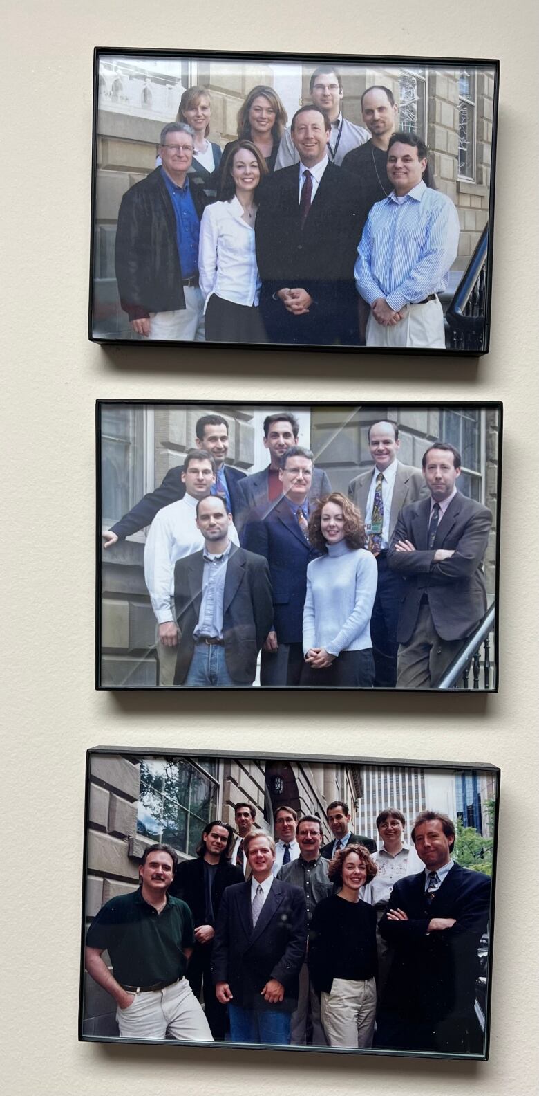 Three photos show groups of people smiling and posing for a photo on the steps outside a building.