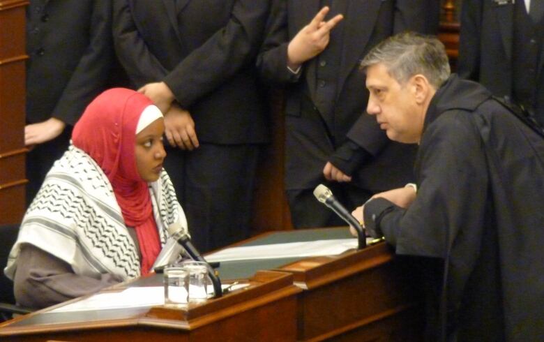 Independent MPP Sarah Jama is spoken to in the Ontario legislature on Thursday.