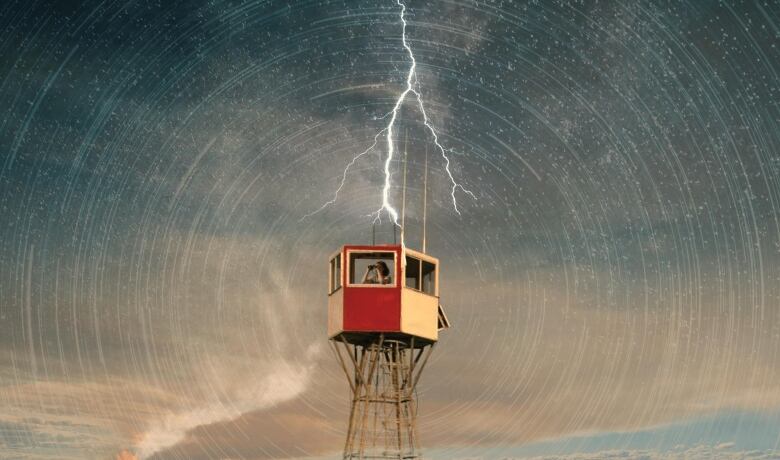 A poster for a film called Fire Tower, where a wildfire lookout stands in a fire tower as it is struck by lightning. The title and other details are written in text. 