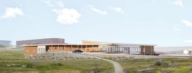 An artist's rendering of a long-term care home surrounded by grass and rocks