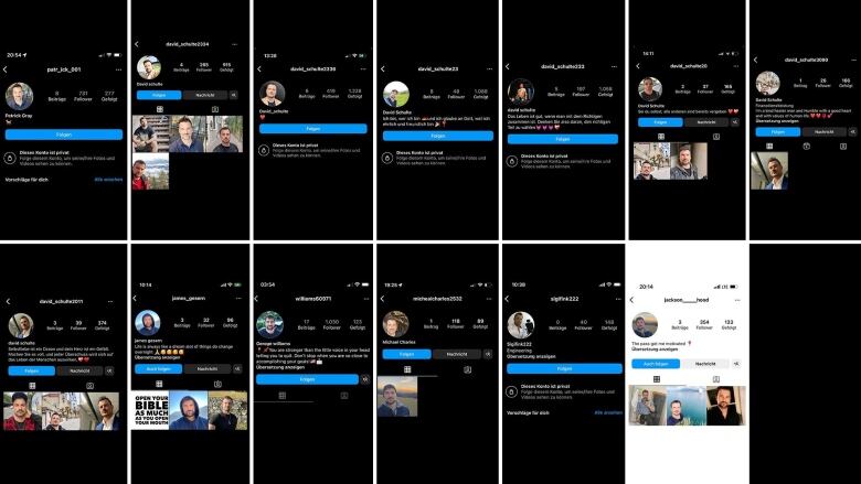 14 screenshots of Instagram profiles with the same man in the profile picture. 