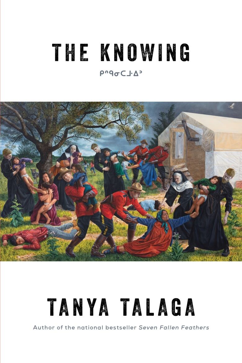 A book cover of a soldiers and nuns pillaging an Indigenous community. 