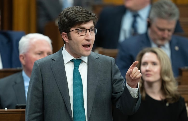 Conservative MP for Sherwood Park-Fort Saskatchewan Garnett Genuis rises during Question Period, in Ottawa, Monday, April 15, 2024. 