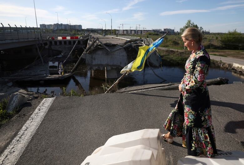 Britain's Sophie, Duchess of Edinburgh, visits the Romanivska Bridge in the town of Irpin, Ukraine, Monday, April 29, 2024.