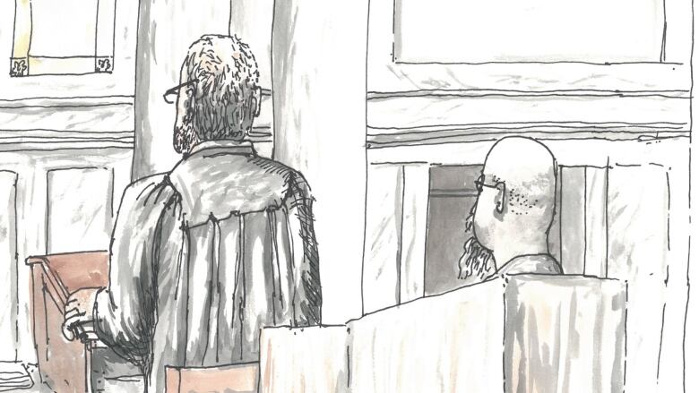 A courtroom sketch shows a bald man with a beard and glasses in the accused box, sitting next to his lawyer.