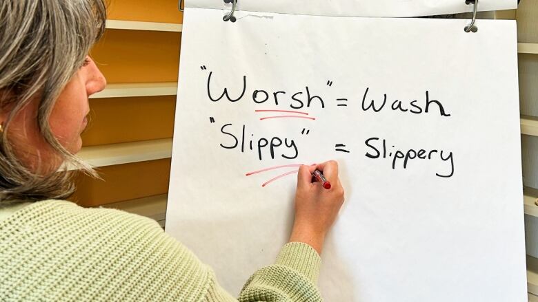 Woman writing words on a sheet of paper.