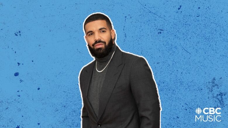 Drake wearing a black jacket and chain necklace with a grey shirt underneath.