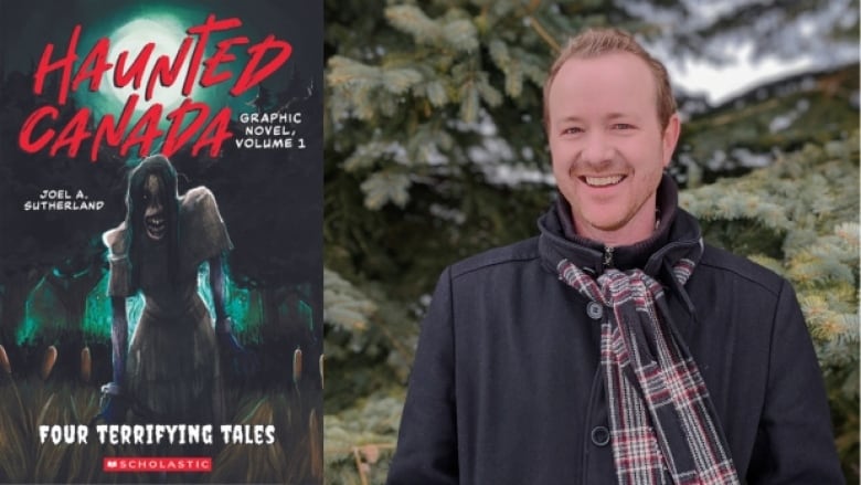 Haunted Canada: The Graphic Novel Vol. 1. Illustrated book cover of a zombie creature walking out of the woods at night with a full moon shining. Also, a portrait of the author.