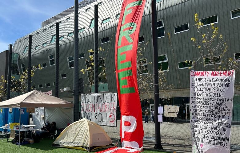 A student encampment for Pro-Palestinian protesters is shown at the University of British Columbia campus in Vancouver on Tuesday, April 30, 2024. 