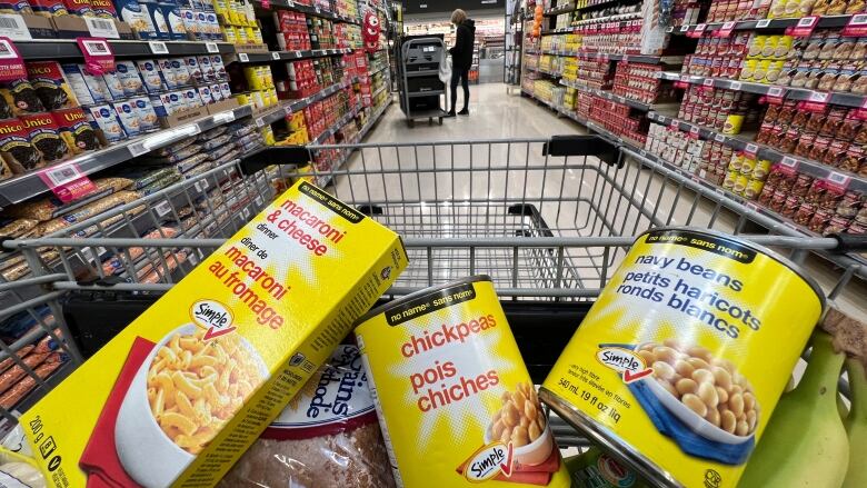 A grocery cart full of no-name brand items in the aisle of a grocery store