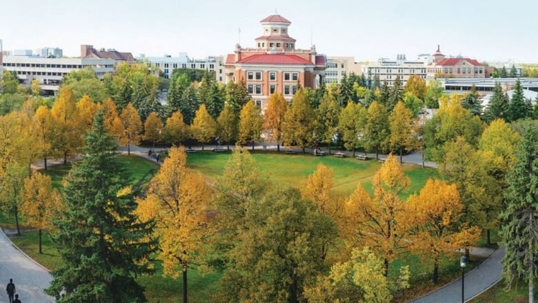 A grassy area seen in front of an old building, surrounded by colourful trees in fall.