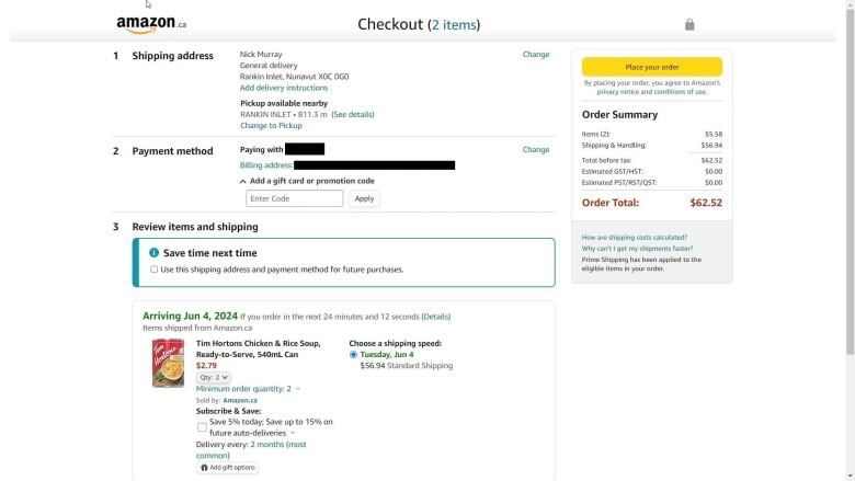 A screenshot of an Amazon cart with two cans of soup, and a $56 shipping charge