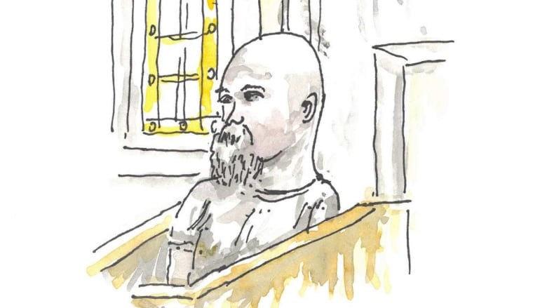 A man with a shaved head and grey beard is depicted in a courtroom sketch.