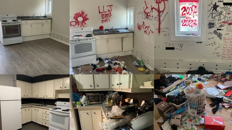 A six-part composite photo of an apartment. Two of the photos have it clean and four have it quite messy, with writing on the walls.