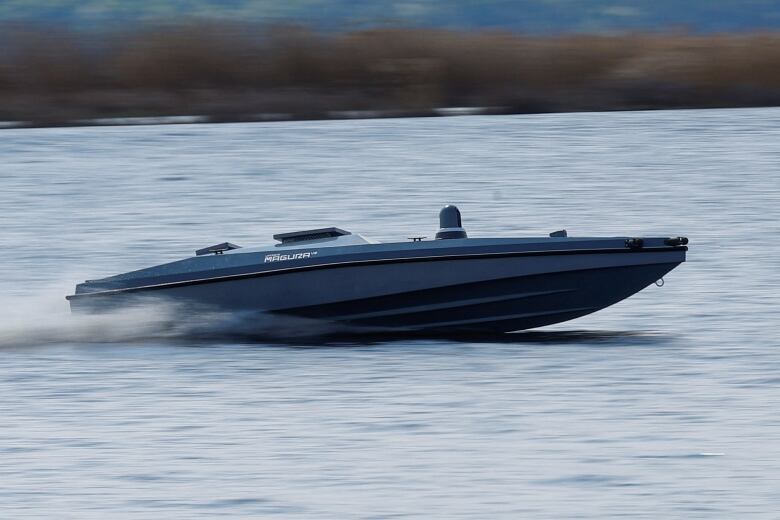 A Ukrainian Magura V5 unmanned marine vehicle is seen on water during an exhibition of military equipment and weapons, amid Russia's attack on Ukraine, at an undisclosed location in Ukraine April 13, 2024