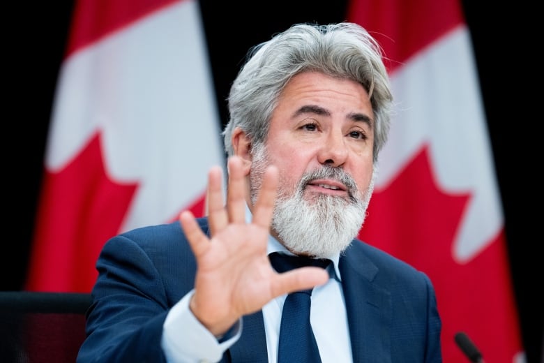 A close of image of Pablo Rodriguez, Minister of Transport. He his shown with white hair and a white beard holding his hand up while he speaks. Canadian flags can be seen in the background. 