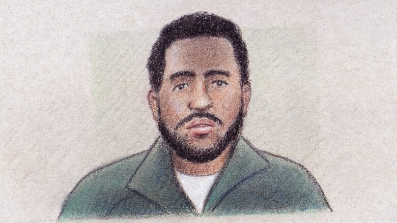 A court sketch of a man in a green sweater. 