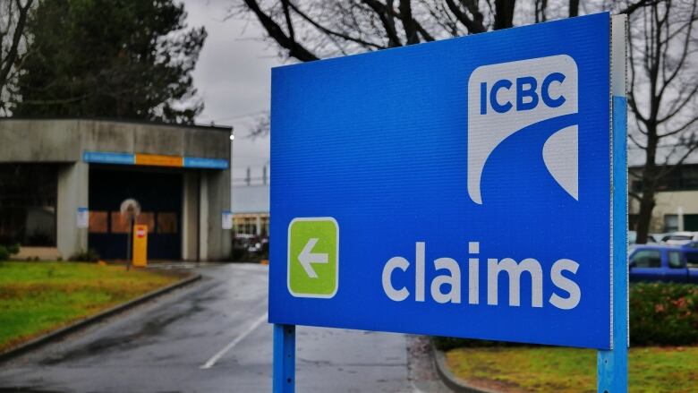 A picture points to a claims centre, with blue and white text reading 'ICBC Claims'.