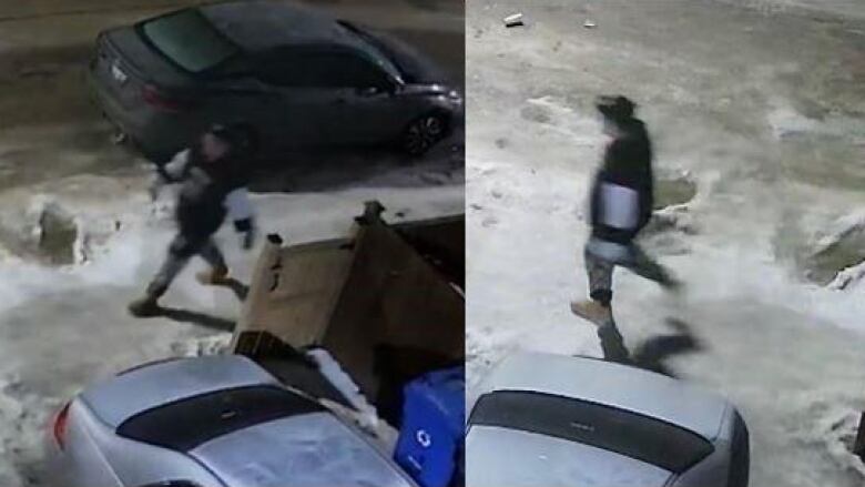 Blurry surveillance images, side-by-side, of a person wearing a baseball cap and walking. They are seen from above.