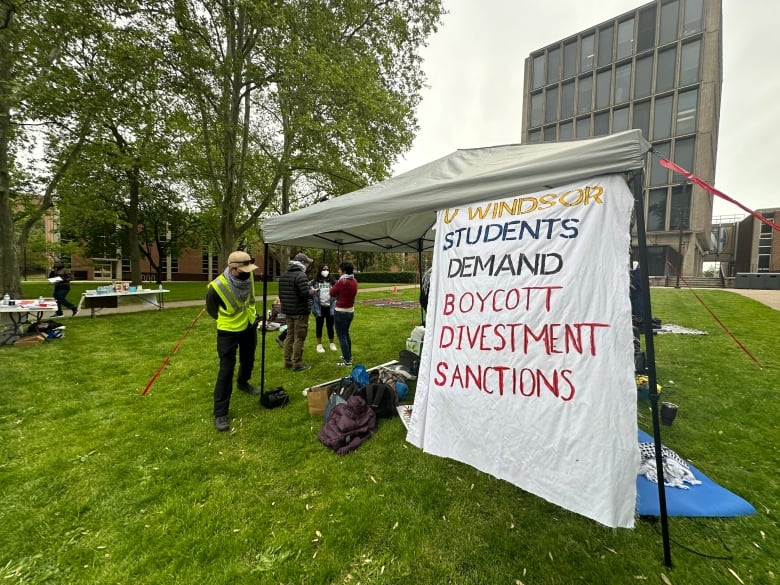 A tent with a sign