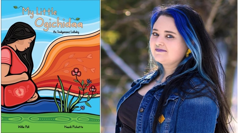 A composite graphic showing a colourful Indigenous children's book cover on the left, and a dark-haired woman on the right.