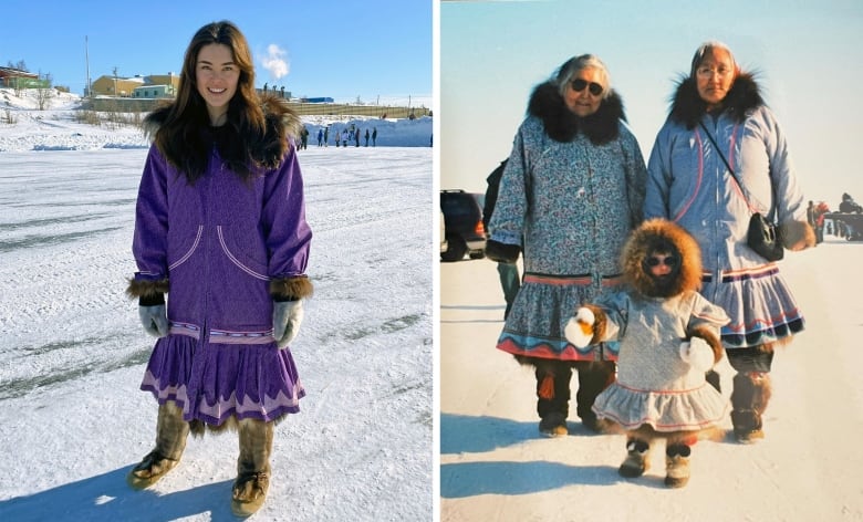 A composite photo showing an adult woman on the left, and the same woman as a child with two adults on the right.