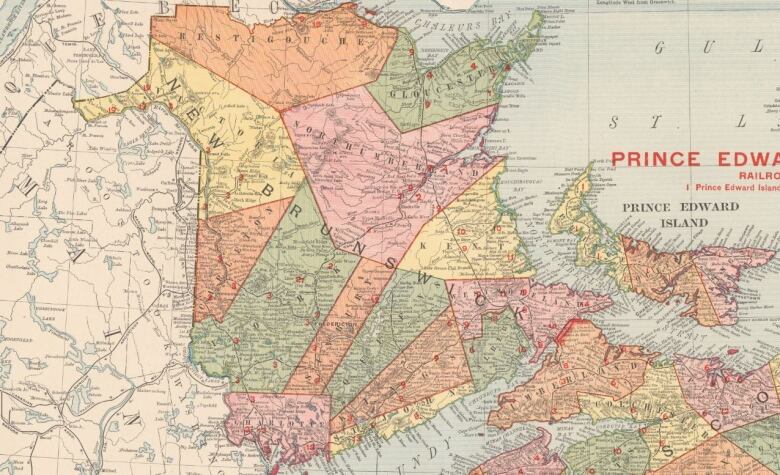 A pastel coloured by county map of New Brunswick with many place names.